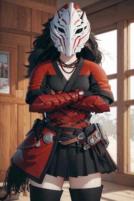 00014-36651844-(masterpiece, best quality_1.2), , cowboy shot, solo, 1girl, raven branwen, mask, crossed arms, armor, skirt, thighhighs, (glove.jpg